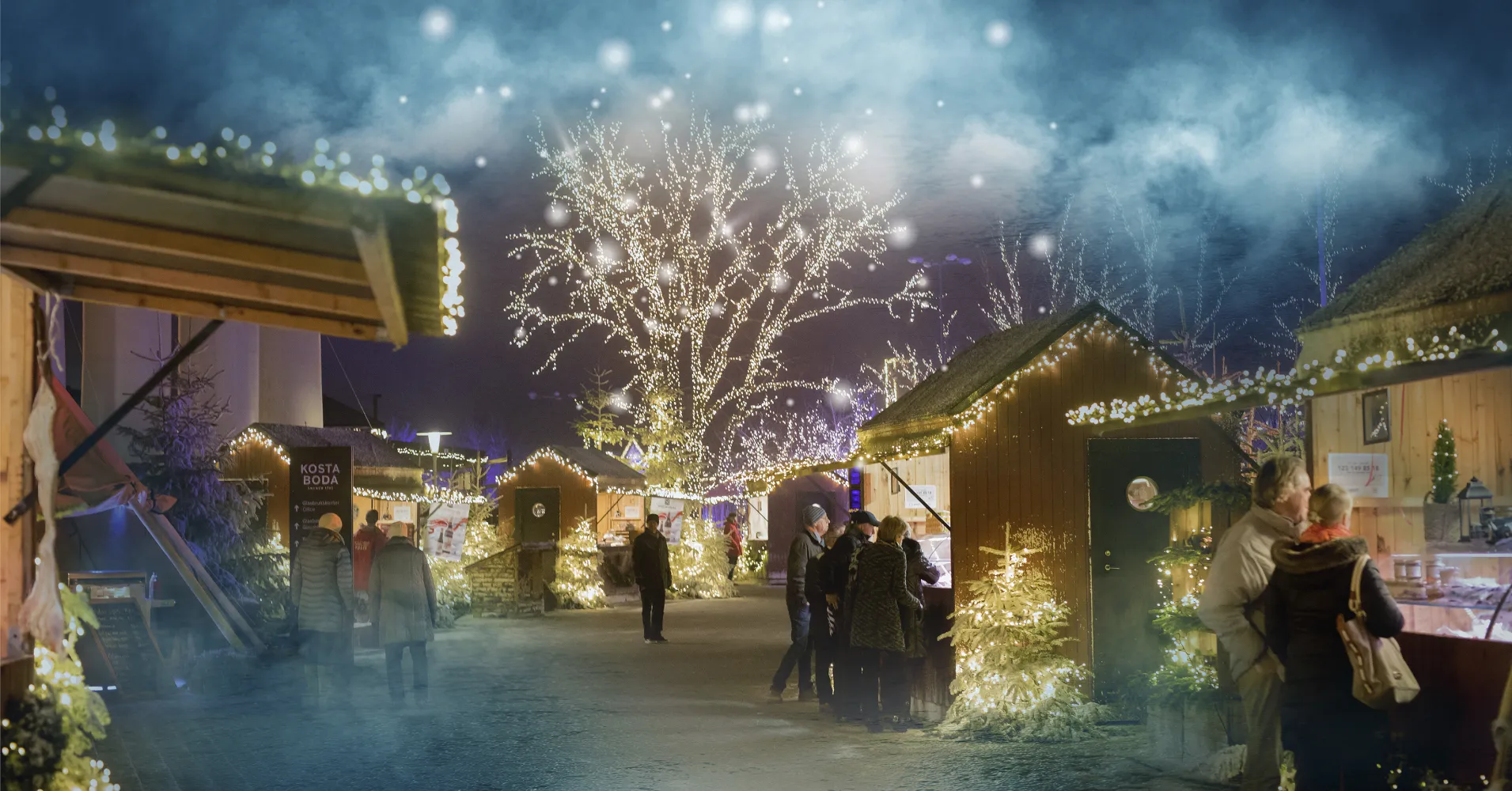 Överblick på Kosta Julmarknad med bodar och juleljus